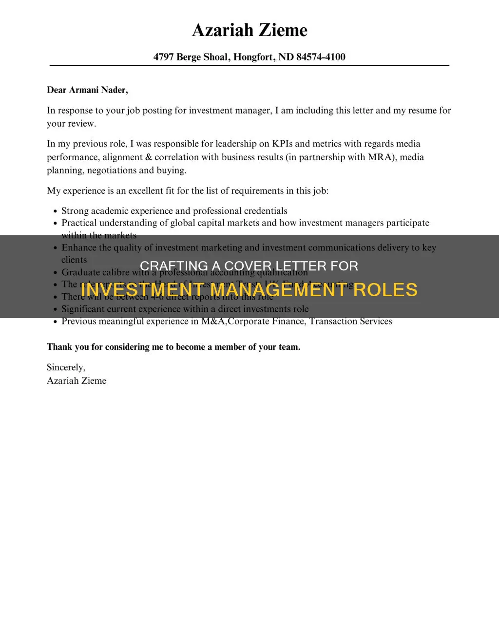 how to write a cover letter for investment management