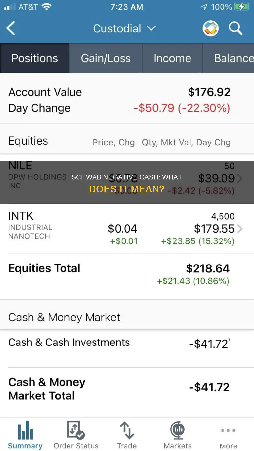 what happens when my cash investments is negative in schwab